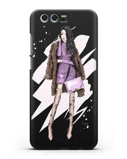 Чехол Девушка брюнетка в шубе силиконовый для Honor 9