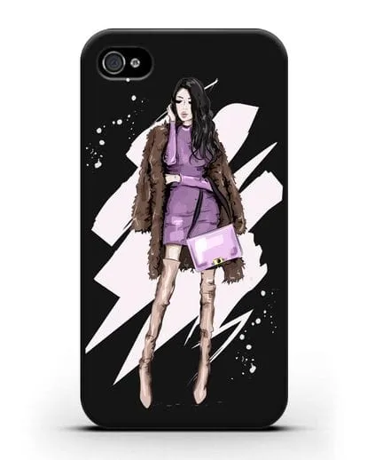 Чехол Девушка брюнетка в шубе силиконовый для iPhone 4/4s