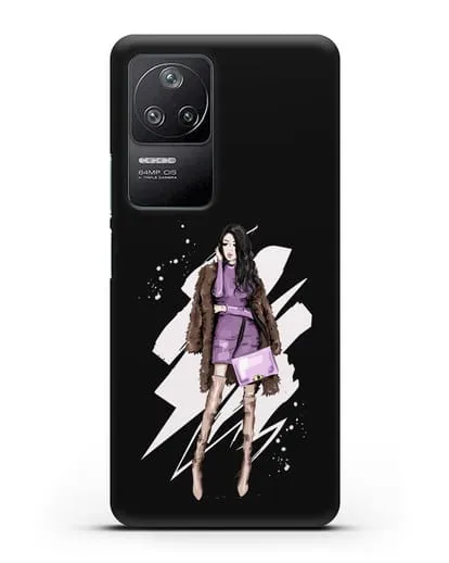 Чехол Девушка брюнетка в шубе силиконовый для Xiaomi Poco F4