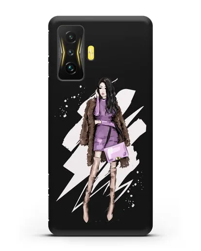 Чехол Девушка брюнетка в шубе силиконовый для Xiaomi Poco F4 GT
