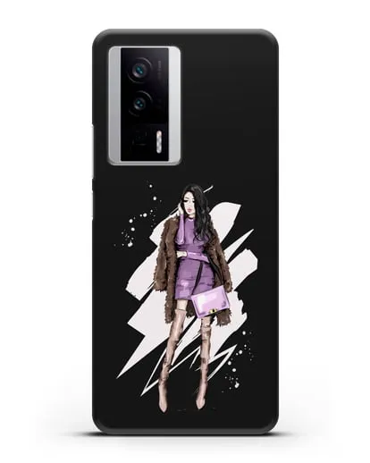 Чехол Девушка брюнетка в шубе силиконовый для Xiaomi Poco F5 Pro