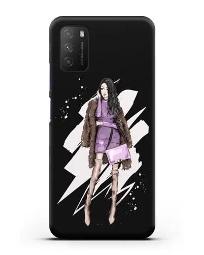 Чехол Девушка брюнетка в шубе силиконовый для Xiaomi Poco M3