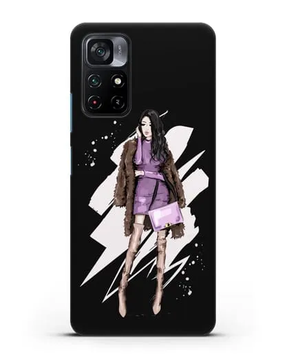 Чехол Девушка брюнетка в шубе силиконовый для Xiaomi Poco M4 Pro 5G