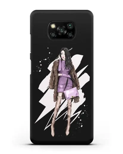 Чехол Девушка брюнетка в шубе силиконовый для Xiaomi Poco X3