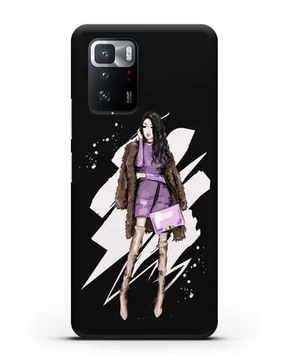 Чехол Девушка брюнетка в шубе силиконовый для Xiaomi Poco X3 GT