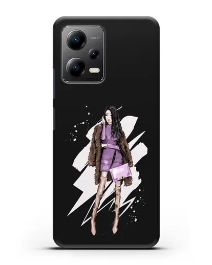 Чехол Девушка брюнетка в шубе силиконовый для Xiaomi Poco X5