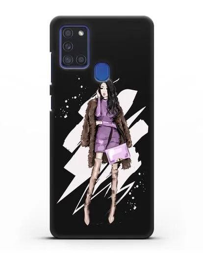 Чехол Девушка брюнетка в шубе силиконовый для Samsung Galaxy A21s [SM-A217F]