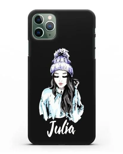 Именной чехол Девушка брюнетка в вязанной шапке с помпоном силиконовый для iPhone 11 Pro Max