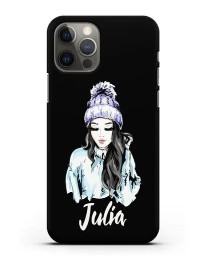 Именной чехол Девушка брюнетка в вязанной шапке с помпоном силиконовый для iPhone 12 Pro