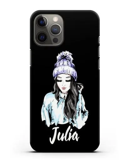 Именной чехол Девушка брюнетка в вязанной шапке с помпоном силиконовый для iPhone 12 Pro Max