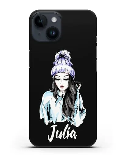 Именной чехол Девушка брюнетка в вязанной шапке с помпоном силиконовый для iPhone 14