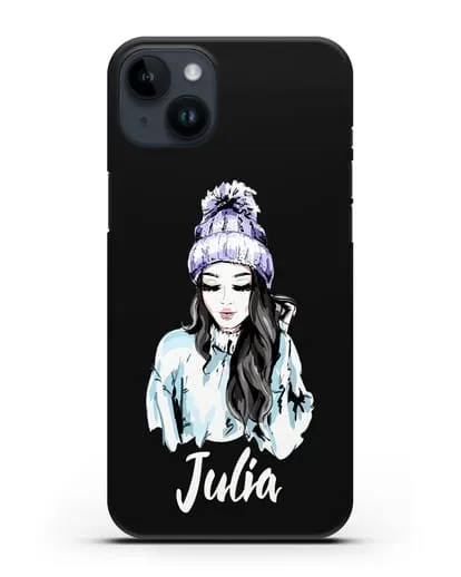 Именной чехол Девушка брюнетка в вязанной шапке с помпоном силиконовый для iPhone 14 Plus