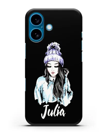 Именной чехол Девушка брюнетка в вязанной шапке с помпоном силиконовый для iPhone 16