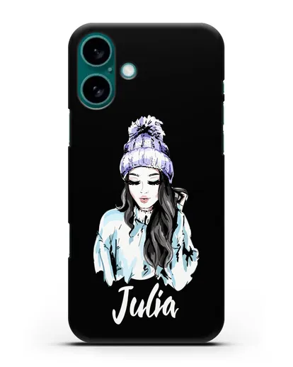 Именной чехол Девушка брюнетка в вязанной шапке с помпоном силиконовый для iPhone 16 Plus