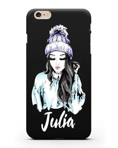 Именной чехол Девушка брюнетка в вязанной шапке с помпоном силиконовый для iPhone 6s Plus