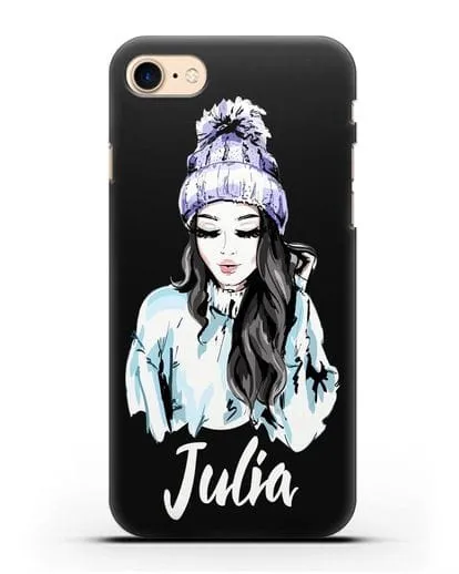 Именной чехол Девушка брюнетка в вязанной шапке с помпоном силиконовый для iPhone 8