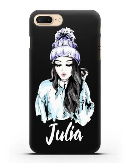 Именной чехол Девушка брюнетка в вязанной шапке с помпоном силиконовый для iPhone 7 Plus