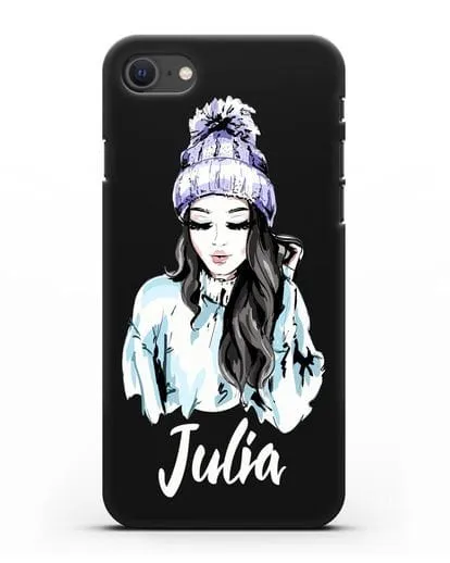 Именной чехол Девушка брюнетка в вязанной шапке с помпоном силиконовый для iPhone SE 2020