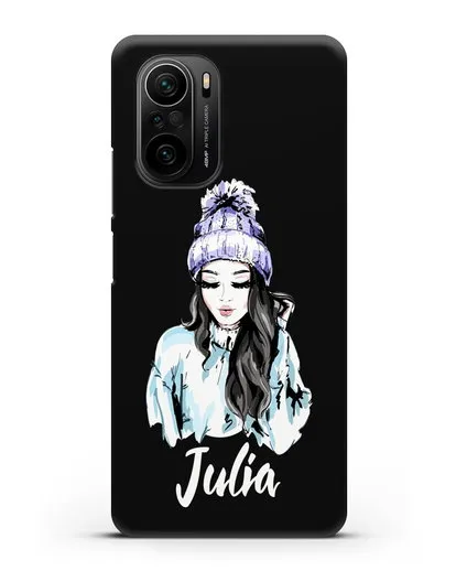 Именной чехол Девушка брюнетка в вязанной шапке с помпоном силиконовый для Xiaomi Poco F3 Pro
