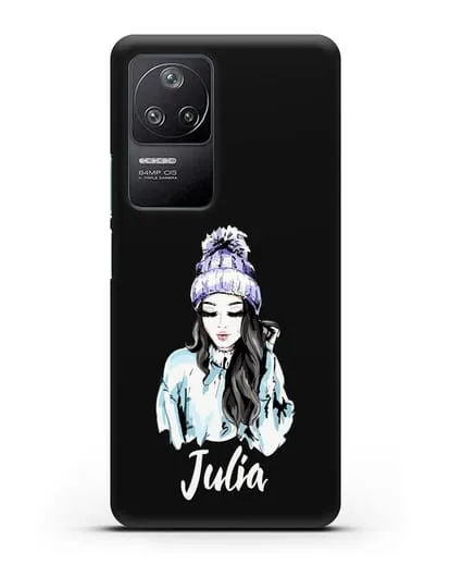 Именной чехол Девушка брюнетка в вязанной шапке с помпоном силиконовый для Xiaomi Poco F4