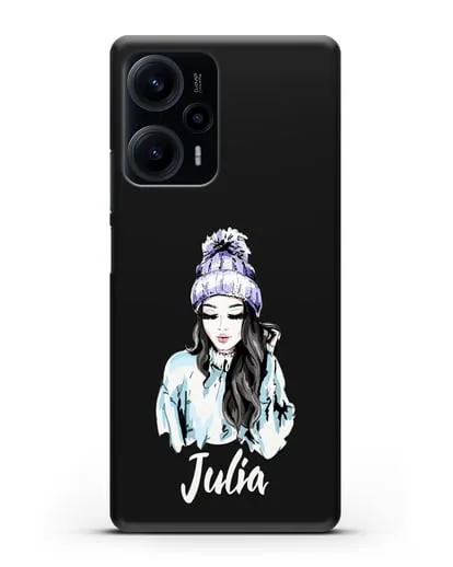 Именной чехол Девушка брюнетка в вязанной шапке с помпоном силиконовый для Xiaomi Poco F5