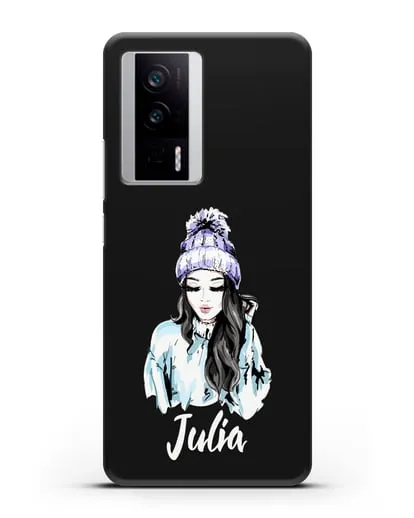 Именной чехол Девушка брюнетка в вязанной шапке с помпоном силиконовый для Xiaomi Poco F5 Pro