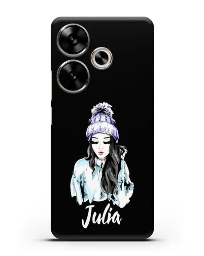 Именной чехол Девушка брюнетка в вязанной шапке с помпоном силиконовый для Xiaomi Poco F6