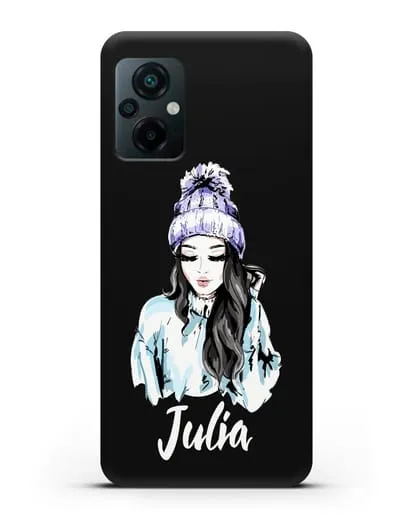 Именной чехол Девушка брюнетка в вязанной шапке с помпоном силиконовый для Xiaomi Poco M5