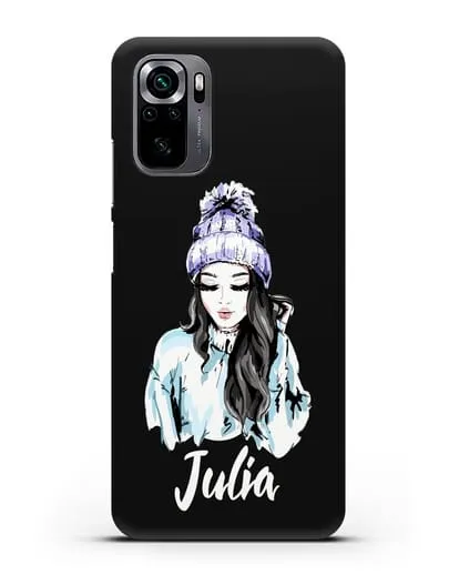 Именной чехол Девушка брюнетка в вязанной шапке с помпоном силиконовый для Xiaomi Poco M5s