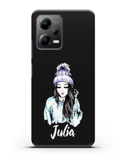 Именной чехол Девушка брюнетка в вязанной шапке с помпоном силиконовый для Xiaomi Poco X5