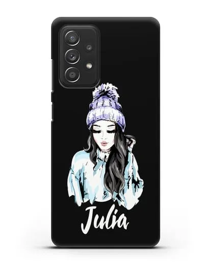 Именной чехол Девушка брюнетка в вязанной шапке с помпоном силиконовый для Samsung Galaxy A53