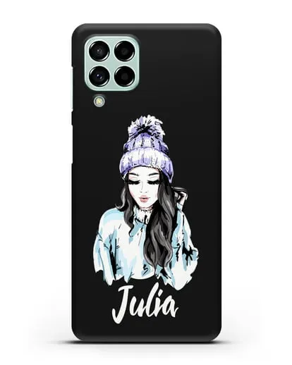 Именной чехол Девушка брюнетка в вязанной шапке с помпоном силиконовый для Samsung Galaxy M53 [SM-M536]