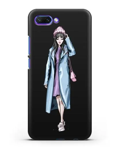 Чехол Девушка брюнетка в голубом пальто силиконовый для Honor 10