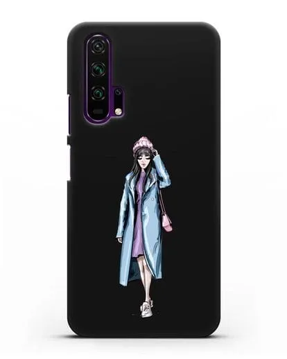 Чехол Девушка брюнетка в голубом пальто силиконовый для Honor 20 Pro