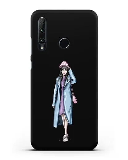 Чехол Девушка брюнетка в голубом пальто силиконовый для Honor 20e