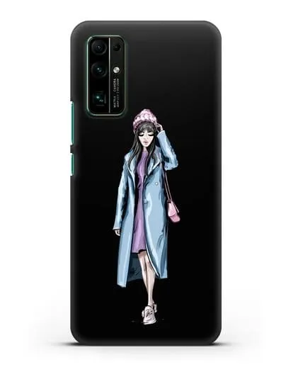 Чехол Девушка брюнетка в голубом пальто силиконовый для Honor 30
