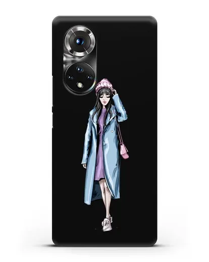 Чехол Девушка брюнетка в голубом пальто силиконовый для Honor 50 Pro