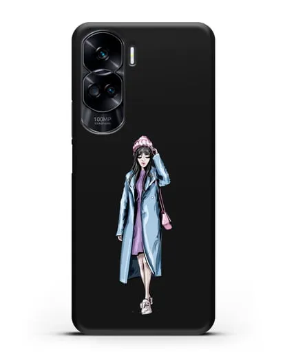 Чехол Девушка брюнетка в голубом пальто силиконовый для Honor 90 Lite
