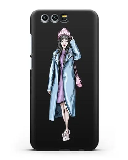 Чехол Девушка брюнетка в голубом пальто силиконовый для Honor 9