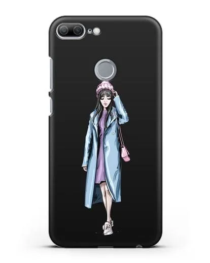 Чехол Девушка брюнетка в голубом пальто силиконовый для Honor 9 Lite