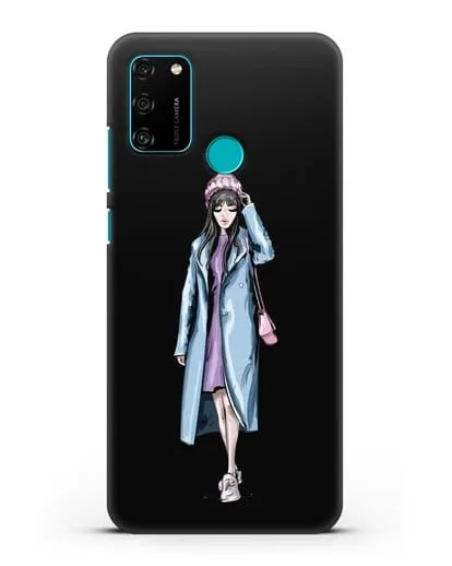 Чехол Девушка брюнетка в голубом пальто силиконовый для Honor 9A