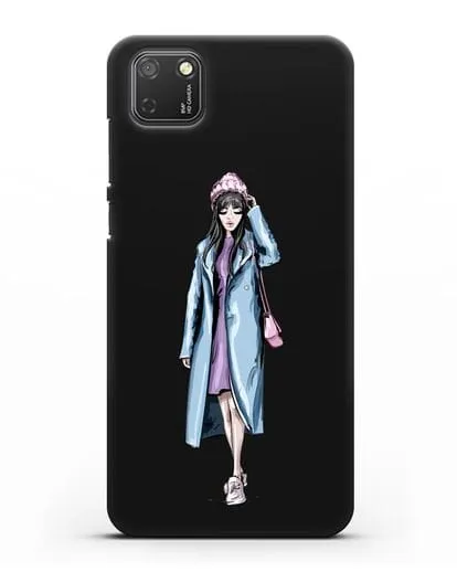 Чехол Девушка брюнетка в голубом пальто силиконовый для Honor 9S