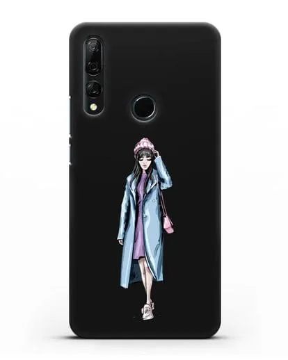 Чехол Девушка брюнетка в голубом пальто силиконовый для Honor 9X
