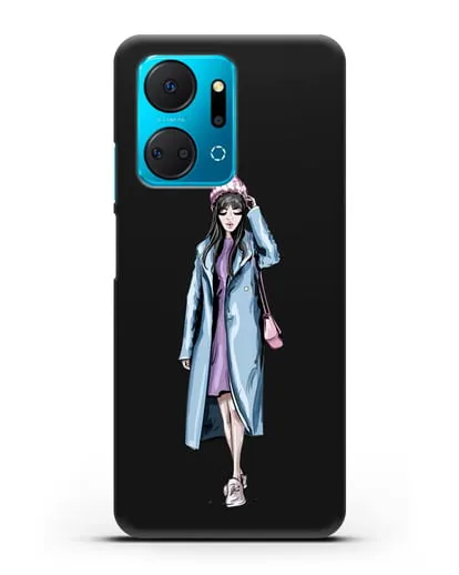 Чехол Девушка брюнетка в голубом пальто силиконовый для Honor X7a Plus