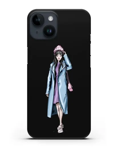 Чехол Девушка брюнетка в голубом пальто силиконовый для iPhone 14