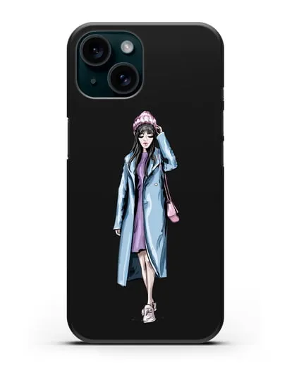Чехол Девушка брюнетка в голубом пальто силиконовый для iPhone 15