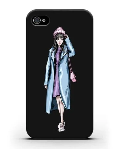 Чехол Девушка брюнетка в голубом пальто силиконовый для iPhone 4/4s