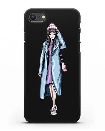 Чехол Девушка брюнетка в голубом пальто силиконовый для iPhone SE 2020