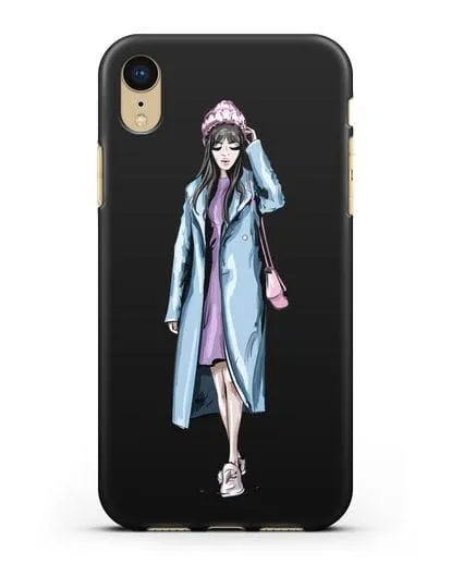 Чехол Девушка брюнетка в голубом пальто силиконовый для iPhone XR