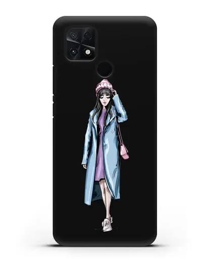 Чехол Девушка брюнетка в голубом пальто силиконовый для Xiaomi Poco C40